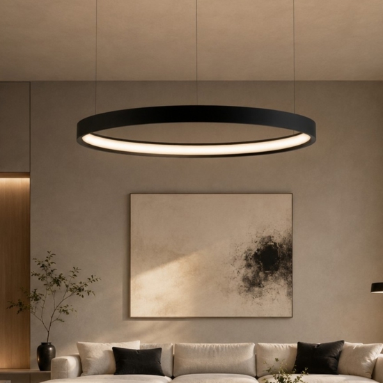 Lampadario a sospensione anello nero led 40w 3000k dimmerabile per soggiorno